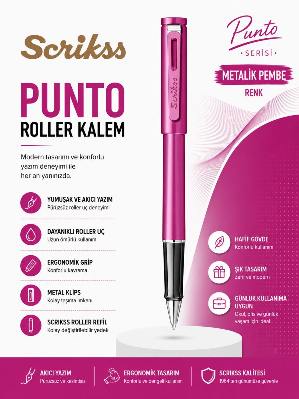 Scrikss Punto Roller Kalem Metalik Pembe