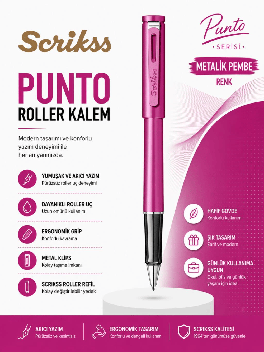 Scrikss Punto Roller Kalem Metalik Pembe