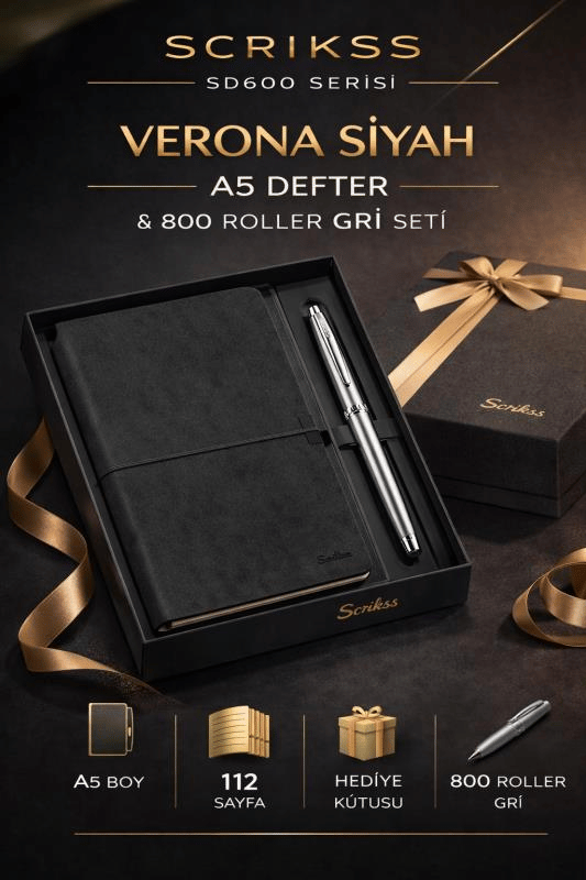 Scrikss SD600-1 Verona Siyah A5 Defter & 800 Roller Gri Kalem Seti