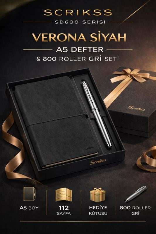 Scrikss SD600-1 Verona Siyah A5 Defter & 800 Roller Gri Kalem Seti