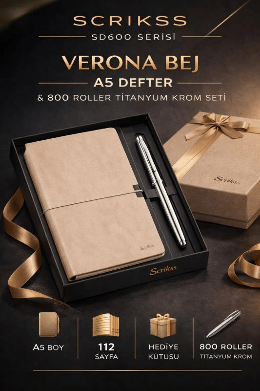 Scrikss SD600-12 Verona Bej A5 Defter & 800 Roller Titanyum Krom Kalem Seti