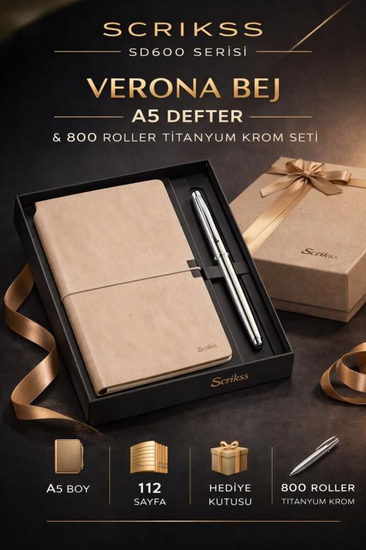 Scrikss SD600-12 Verona Bej A5 Defter & 800 Roller Titanyum Krom Kalem Seti