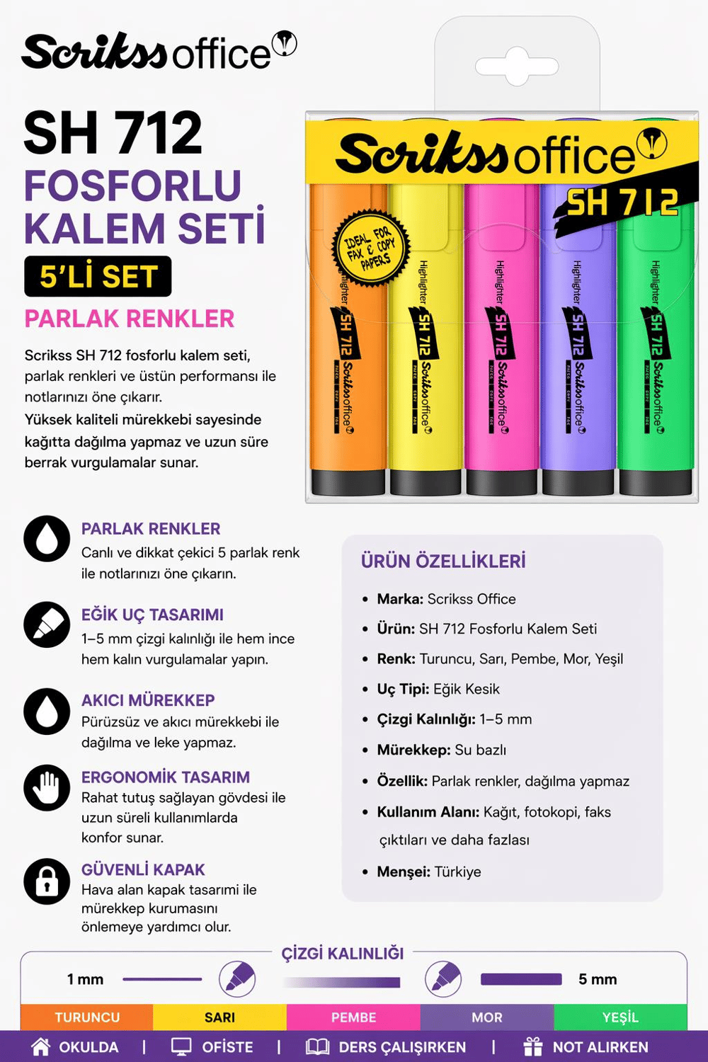 Scrikss Sh 712 5'Li Fosforlu Kalem Seti Parlak Renkler