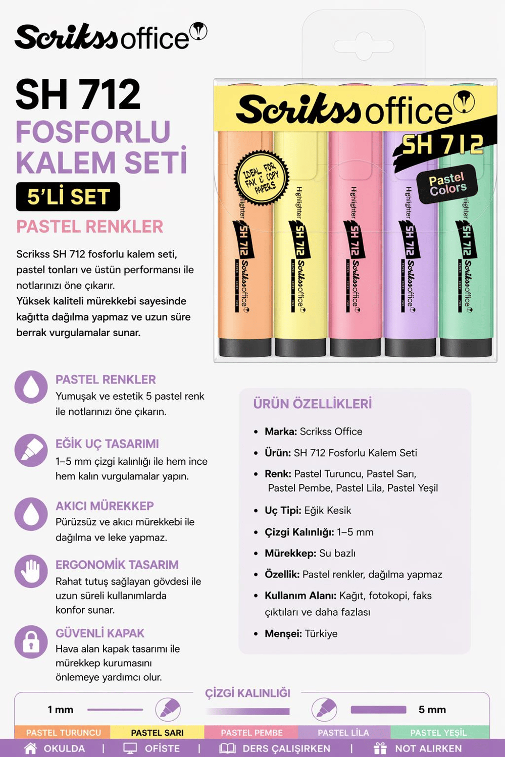 Scrikss Sh 712 5'Li Fosforlu Kalem Seti Pastel Renkler