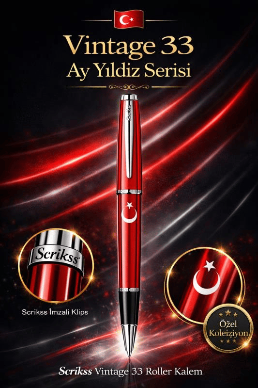 Scrikss Vintage 33 Roller Kalem Kırmızı Ay Yıldız Baskılı