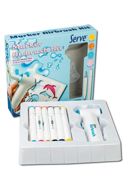 Serve Airbrush Kit 12’li Keçeli Kalem Seti – Şarjlı Sprey Boyama Makinesi, 3 Adaptörlü, Şablonlu Çocuk Boyama Seti