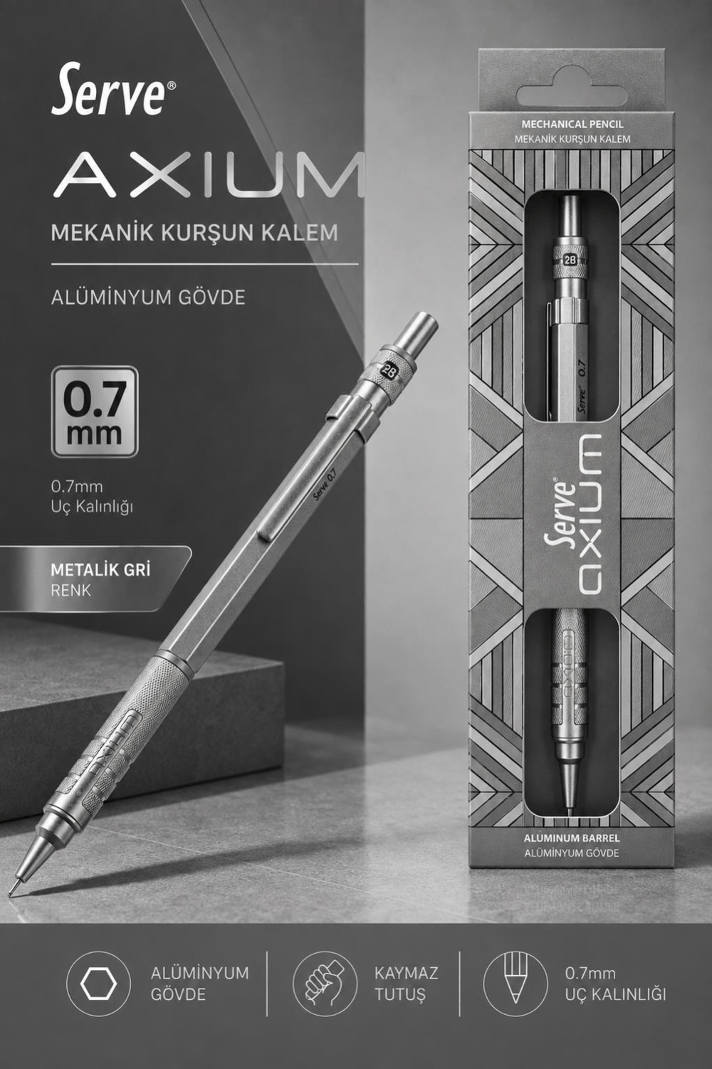 Serve Axium Mekanik Kurşun Kalem 0.7 mm Alüminyum Gövde - Metalik Gri