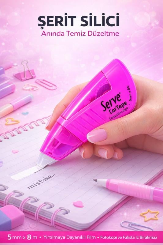 Serve Cortape Şerit Silici 5 mm*8Mt Fosforlu Pembe
