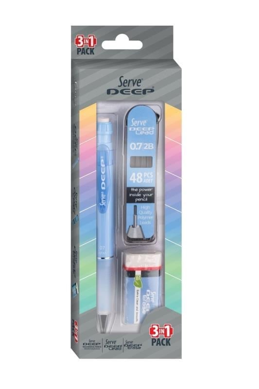Serve Deep 0.7 mm Versatil Kalem Seti – Gök Mavi (Kalem + 48’li 2B Min + Silgi)