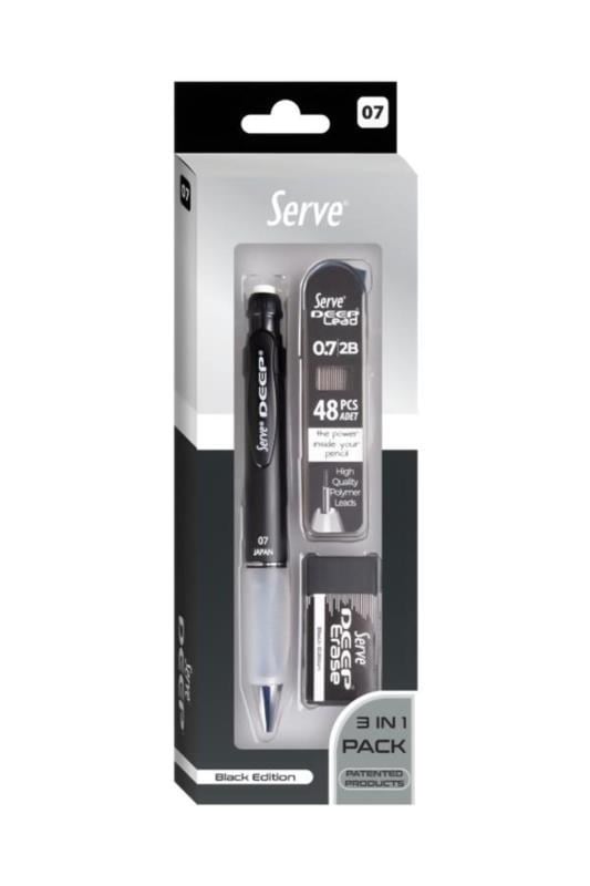 Serve Deep 3’lü Okul Seti – Metalik Siyah 0.7 mm Mekanik Versatil Kalem + 0.7 mm Min + Siyah Silgi