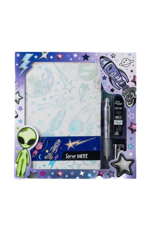 Serve Defter Seti Uzay Serisi Beyaz Kutulu SVNTSETUZYBYZ – Uzay Temalı Defter, 0.7 mm Mekanik Kalem, 48’li Yedek Uç, Silgi