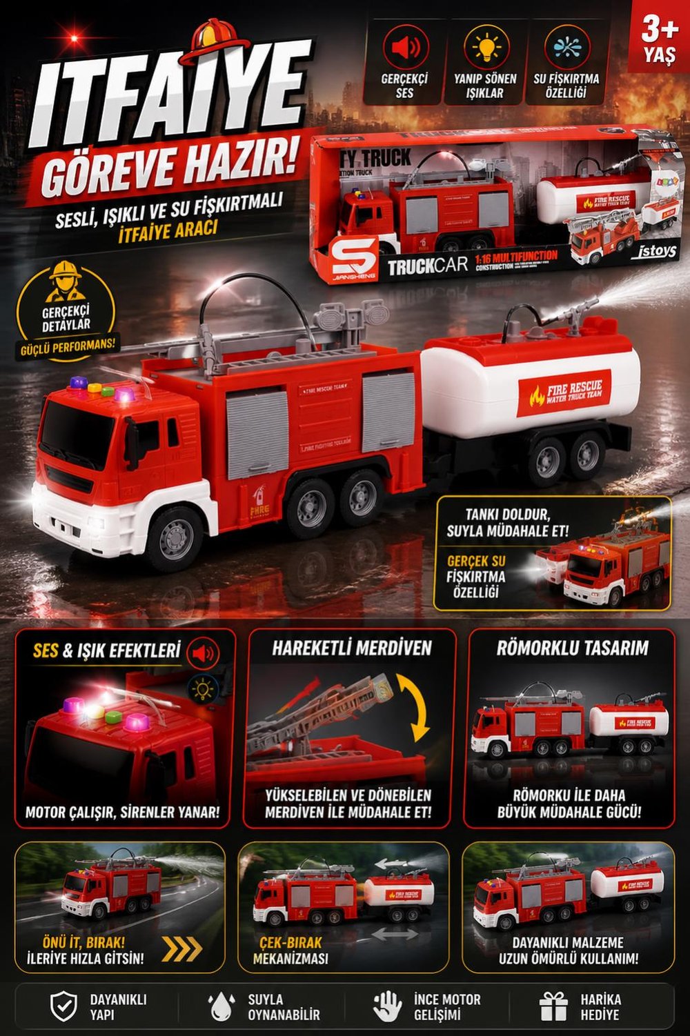 Sesli ve Işıklı Römorklu Su Fışkırtmalı İtfaiye Aracıyla İtfaiye Departman Aracı - JS151C