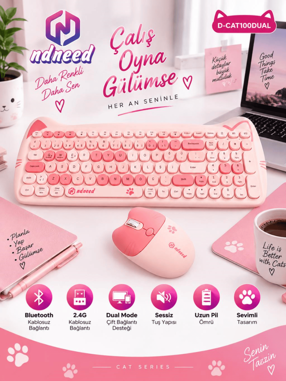 Sevimli Kedi Kablosuz Klavye ve Mouse Seti Bluetooth + 2.4G Dual Mode