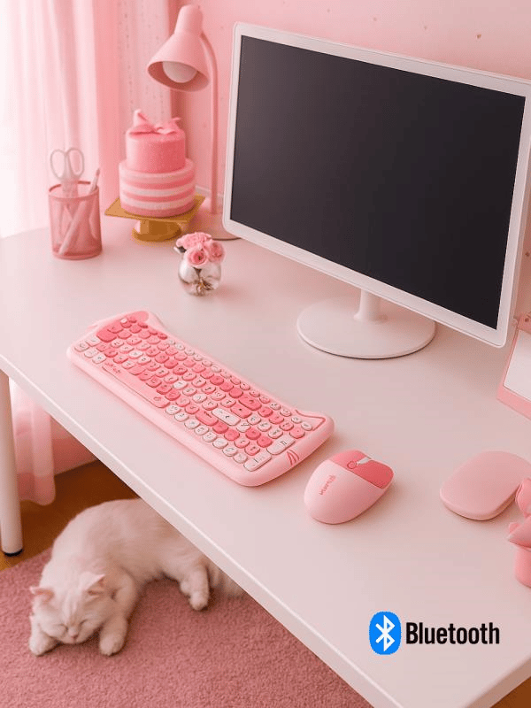 Sevimli Kedi Kablosuz Klavye ve Mouse Seti Bluetooth + 2.4G Dual Mode