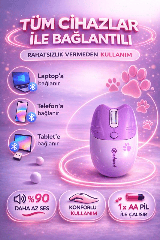 Sevimli Kedi Kablosuz Mor Mouse Bluetooth + 2.4G Dual Mode Catmouse