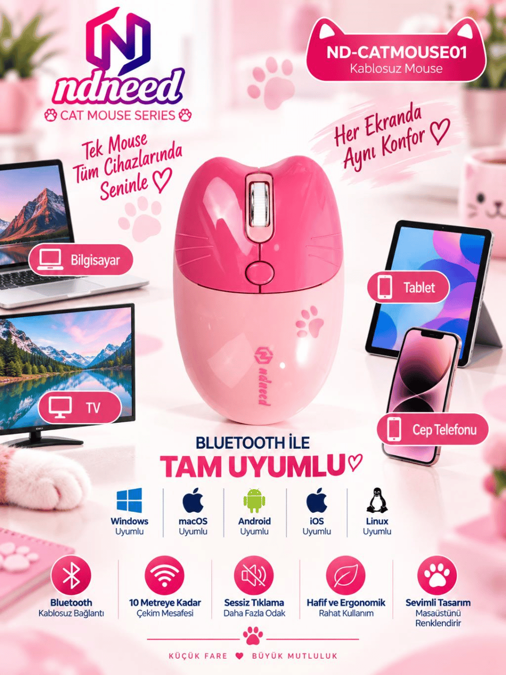 Sevimli Kedi Kablosuz Pembe Mouse Bluetooth + 2.4G Dual Mode Catmouse