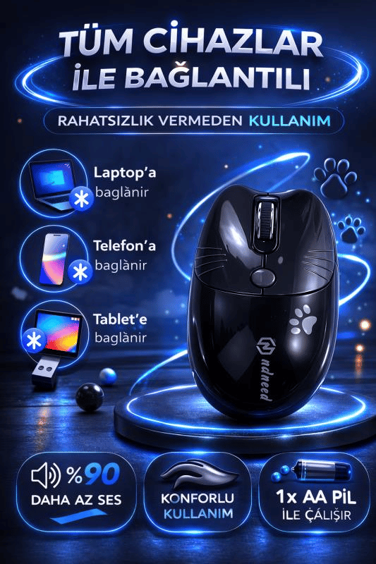 Sevimli Kedi Kablosuz Siyah Mouse Bluetooth + 2.4G Dual Mode Catmouse