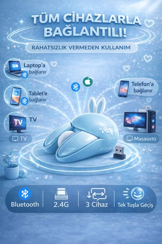 Sevimli Tavşan 3D Mavi Mouse Bluetooth + 2.4G Dual Mode