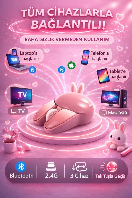 Sevimli Tavşan 3D Pembe Mouse Bluetooth + 2.4G Dual Mode