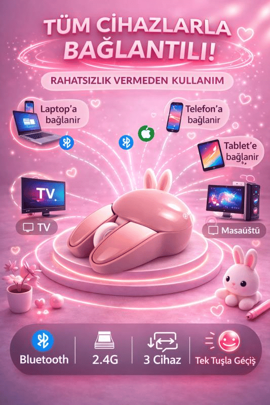 Sevimli Tavşan 3D Pembe Mouse Bluetooth + 2.4G Dual Mode