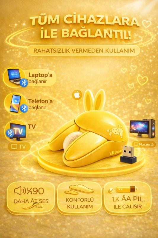 Sevimli Tavşan 3D Sarı Mouse Bluetooth + 2.4G Dual Mode
