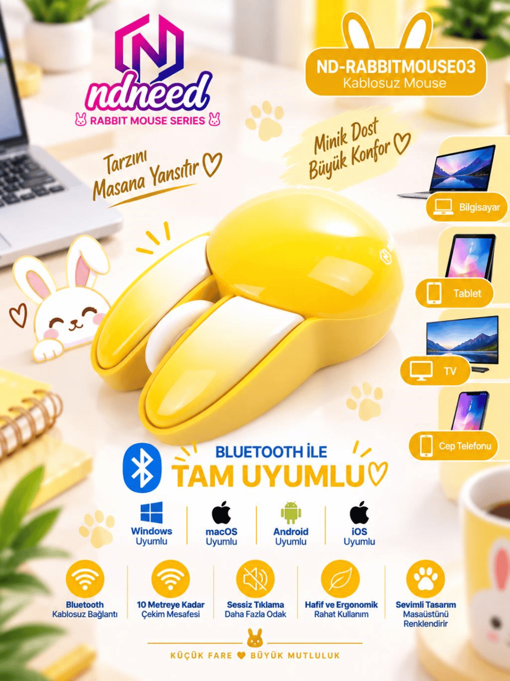 Sevimli Tavşan 3D Sarı Mouse Bluetooth + 2.4G Dual Mode