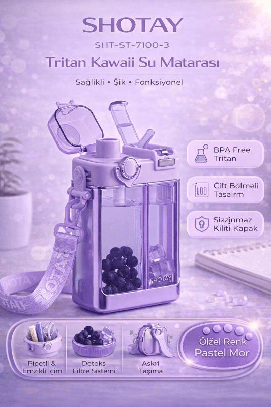 Shotay Çift Gözlü Bpa Free Tritan 700 ml Pastel Mor Plastik Matara - SHT-ST-7100
