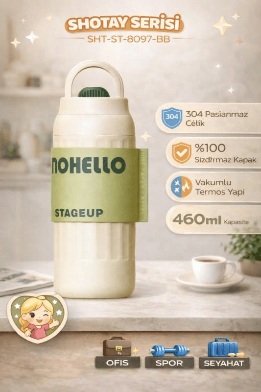 Shotay Fashion Çelik Termos Matara 460 ML Bej Beyaz - SHT-ST-8097