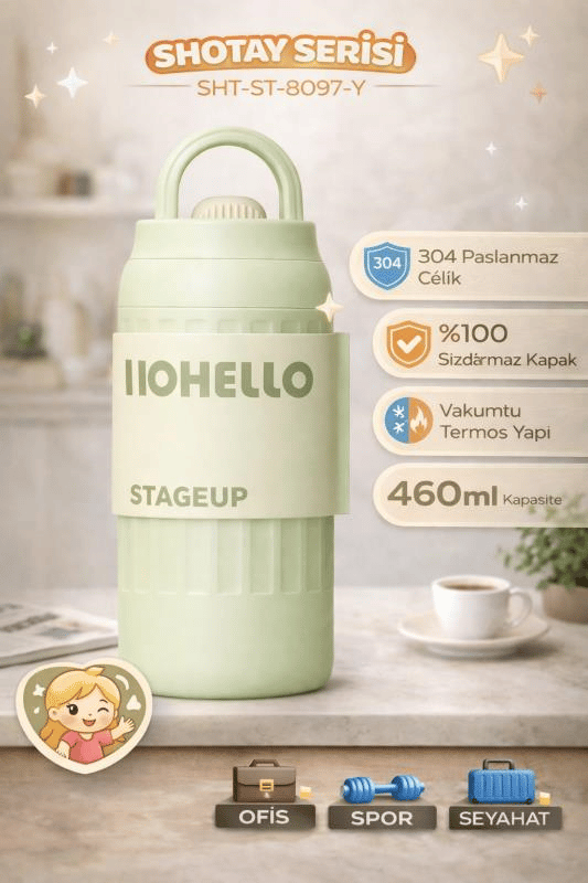 Shotay Fashion Çelik Termos Matara 460 ML Yeşil - SHT-ST-8097