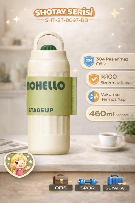 Shotay Fashion Çelik Termos Matara 460 ML Bej Beyaz - SHT-ST-8097