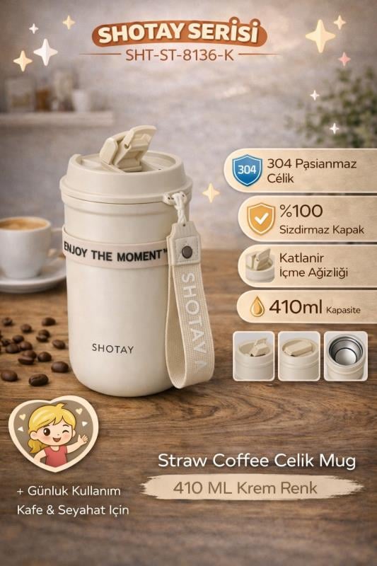 Shotay Strow Coffe Çelik Mug 410 ML Krem Renk - SHT-ST-8136