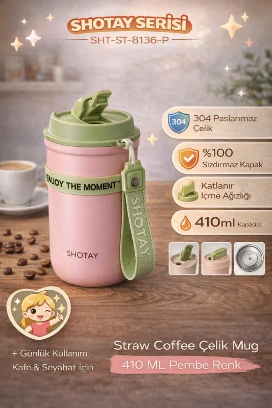 Shotay Strow Coffe Çelik Mug 410 ML Pembe Renk - SHT-ST-8136