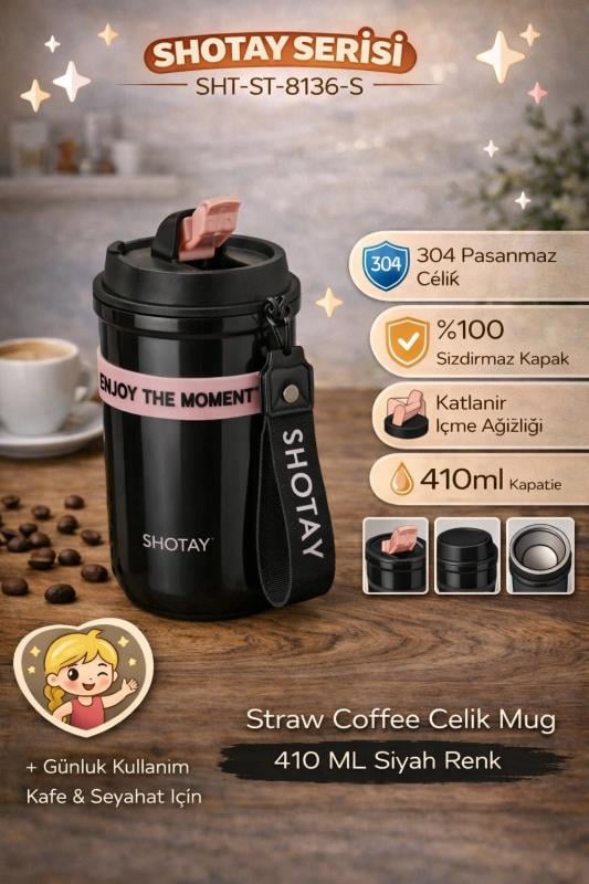 Shotay Strow Coffe Çelik Mug 410 ML Siyah Renk - SHT-ST-8136