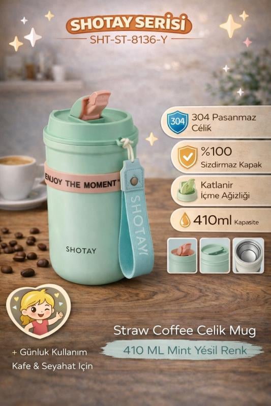Shotay Strow Coffe Çelik Mug 410 ML Yeşil Renk - SHT-ST-8136