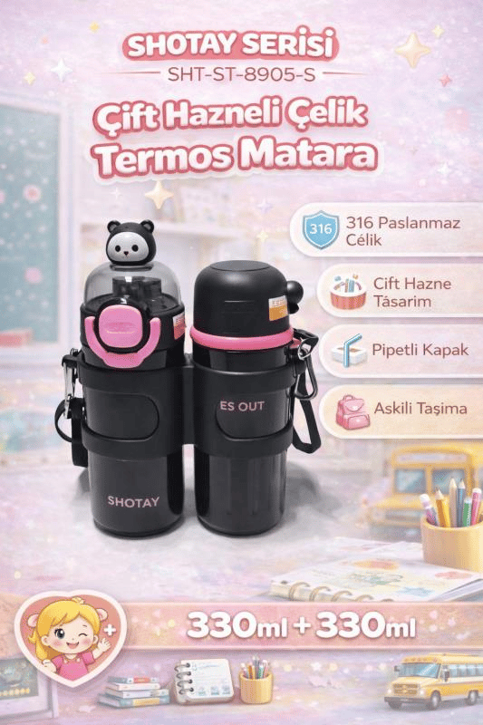 Shotay Termos Matara 330 ml + 330 ml Çift Hazneli 316 Çelik Pipetli Siyah – SHT-ST-8905