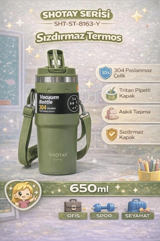 Shotay Termos MUG Matara 650ML Haki Yeşil Renk - SHT-ST-8163 