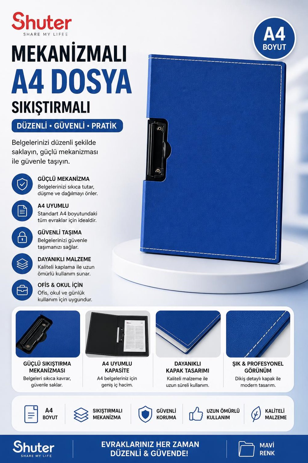 Shuter U1033 Mekanizmalı A4 Sıkıştırmalı Dosya Mavi