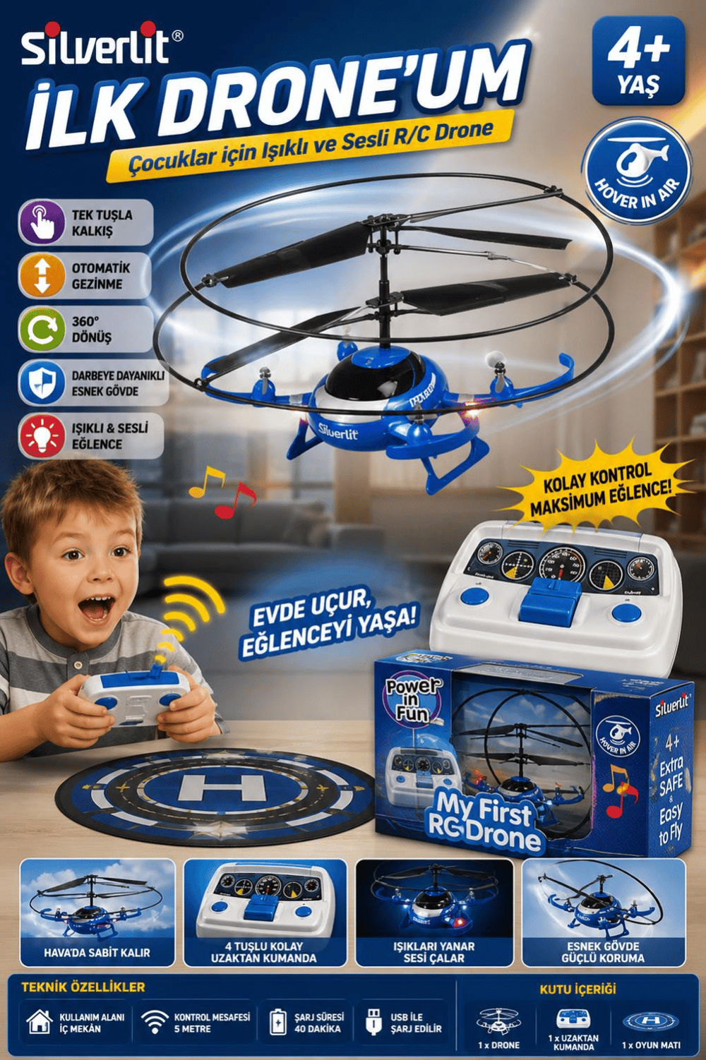 Silverlit İlk Drone’um – Çocuklar İçin Işıklı ve Sesli R/C İç Mekan Drone (84773)