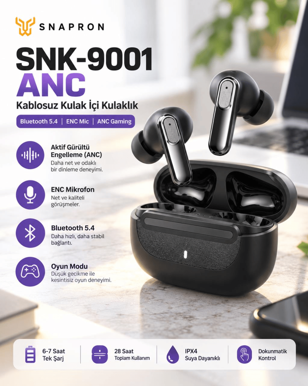 Snapron SNK-9000 Siyah ANC & ENC Kablosuz Bluetooth 5.4 Kulaki İçi Kulaklık