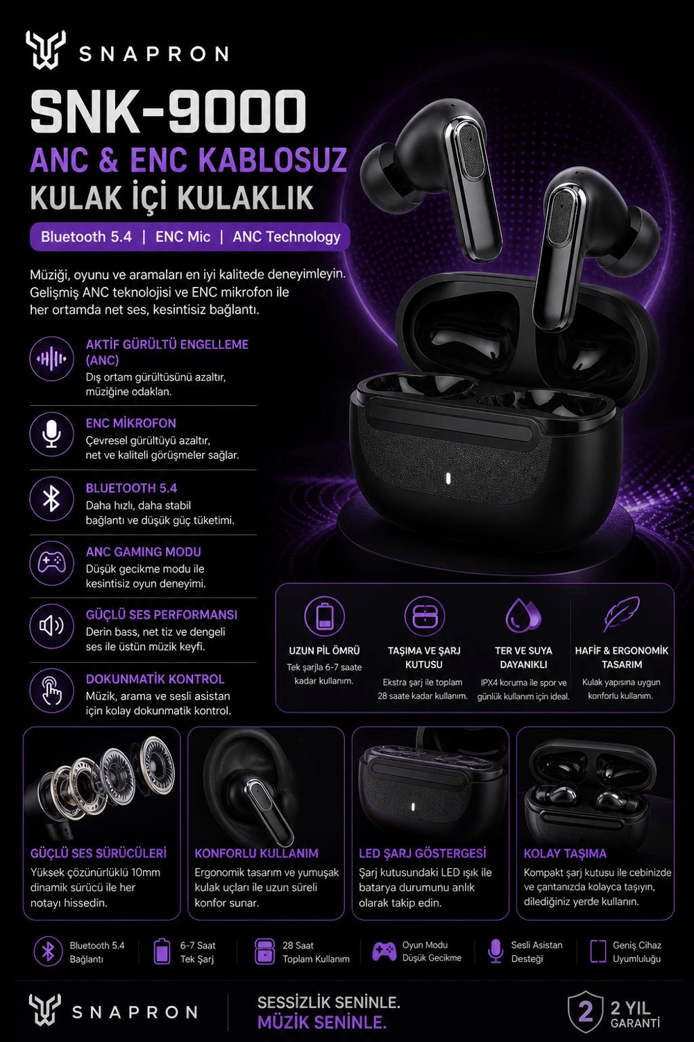 Snapron SNK-9000 Siyah ANC & ENC Kablosuz Bluetooth 5.4 Kulaki İçi Kulaklık