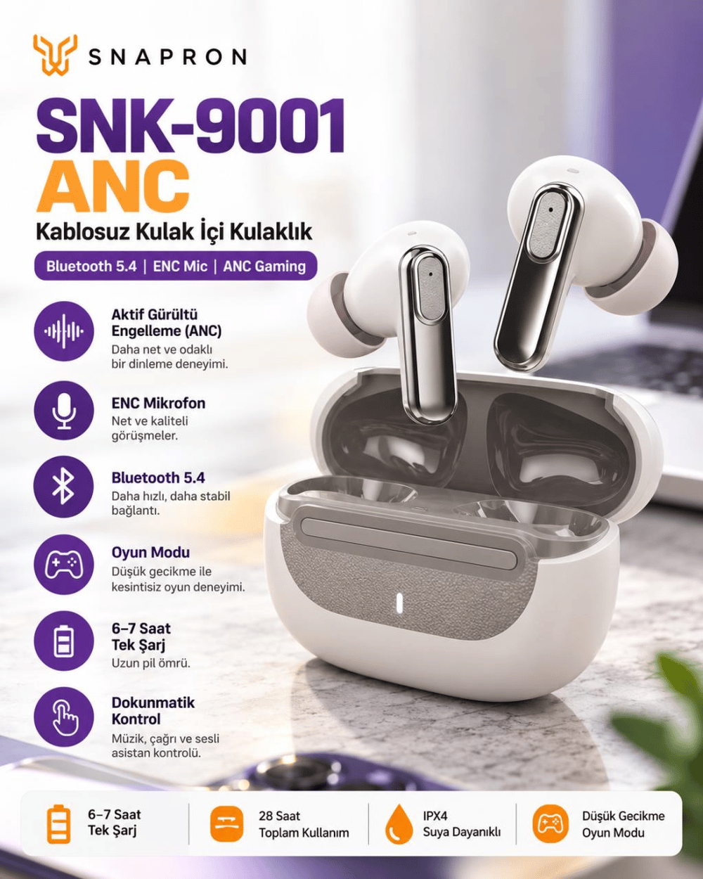 Snapron SNK-9001 ANC Beyaz & ENC Kablosuz Bluetooth 5.4 Kulaki İçi Kulaklık (Enc Mıc/Anc Gameıng)