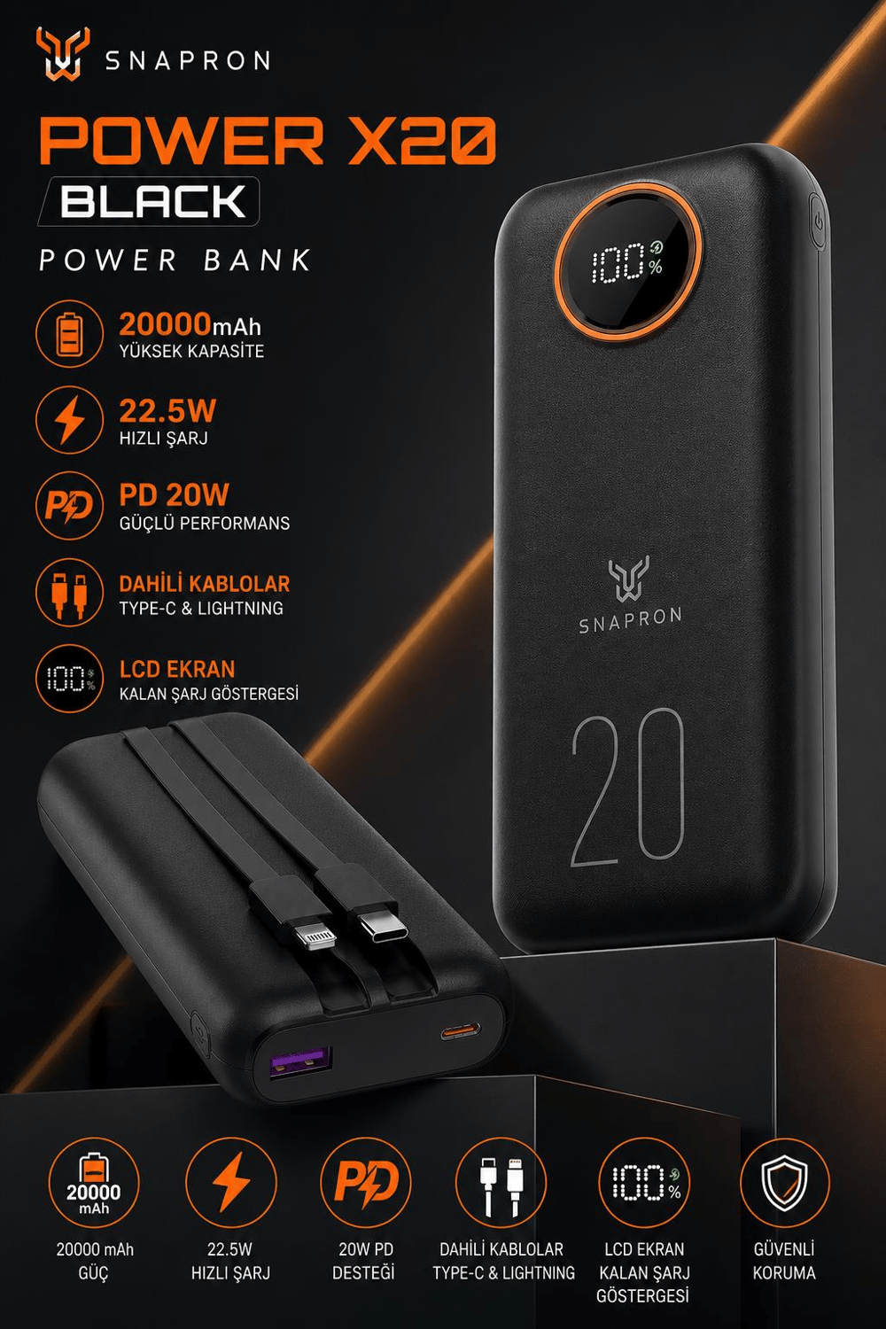 Snapron SNP-3013 20.000 Mah LCD Ekran Dahili Kablolu 22.5w Hızlı Şarj Powerbank
