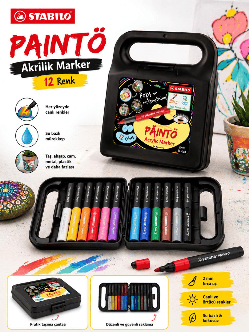 Stabilo 791/12 PAINTO 12 Renk Akrilik Marker Seti Su Bazlı Çok Yüzeyli Boya Kalemi Çantalı