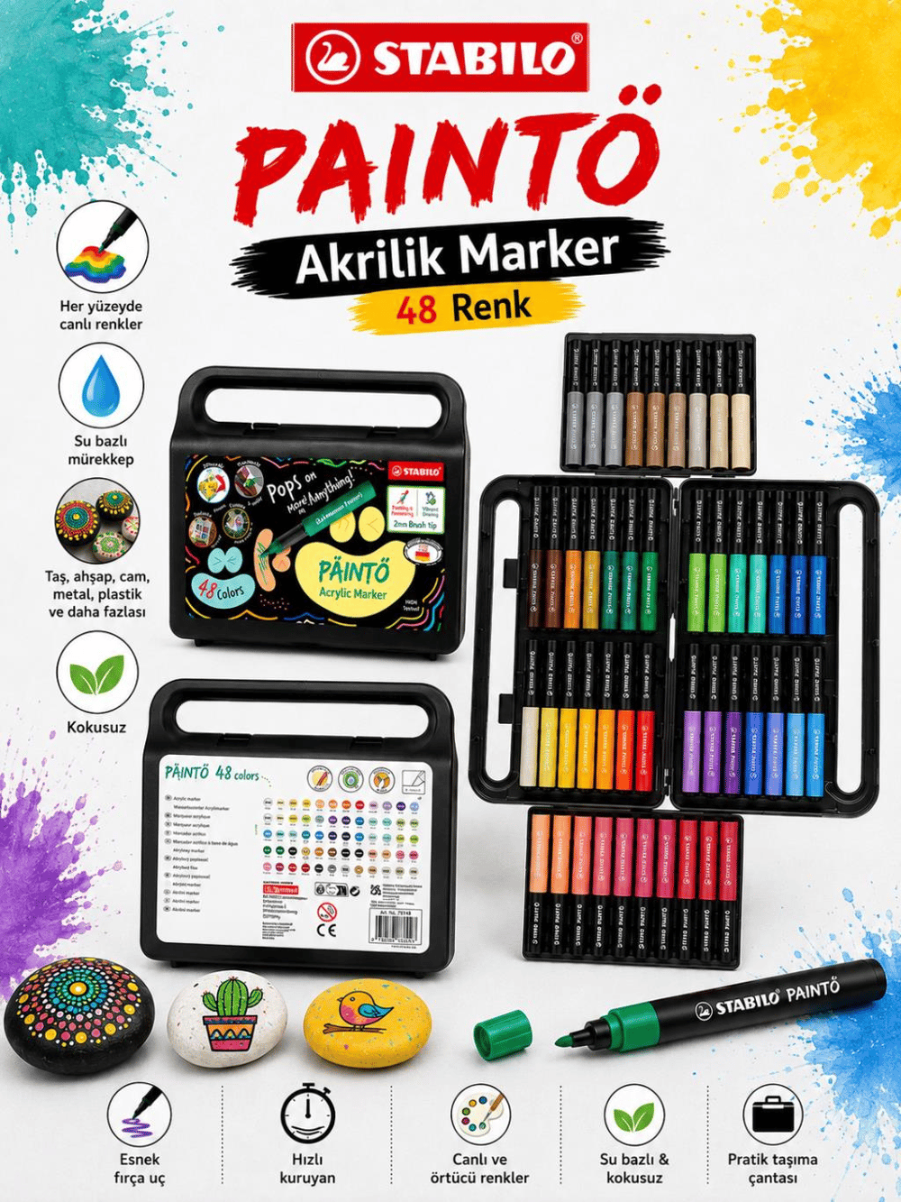 Stabilo 791/48 PAINTO 48 Renk Akrilik Marker Seti Su Bazlı Çok Yüzeyli Boya Kalemi Çantalı