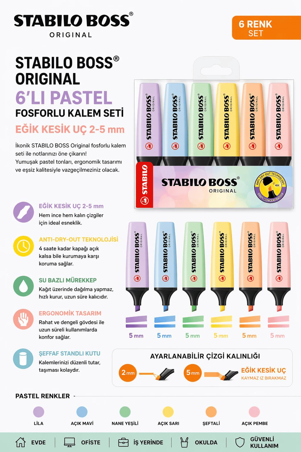 Stabilo Boss Original 6'lı Pastel Fosforlu Kalem Seti – Eğik Kesik Uç 2-5 mm