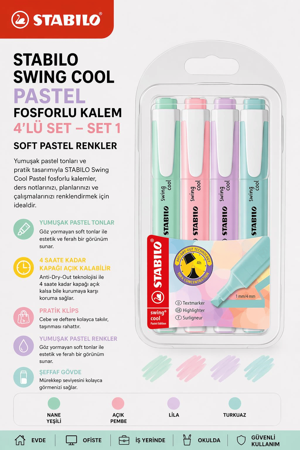 Stabilo Swing Cool Pastel Fosforlu Kalem 4’lü Set - Set-1
