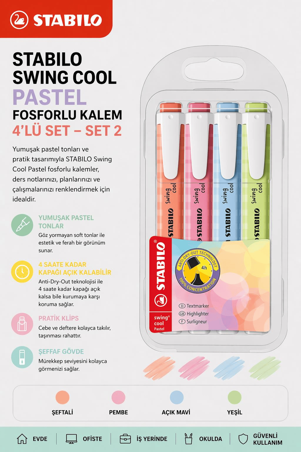 Stabilo Swing Cool Pastel Fosforlu Kalem 4’lü Set- Set-2