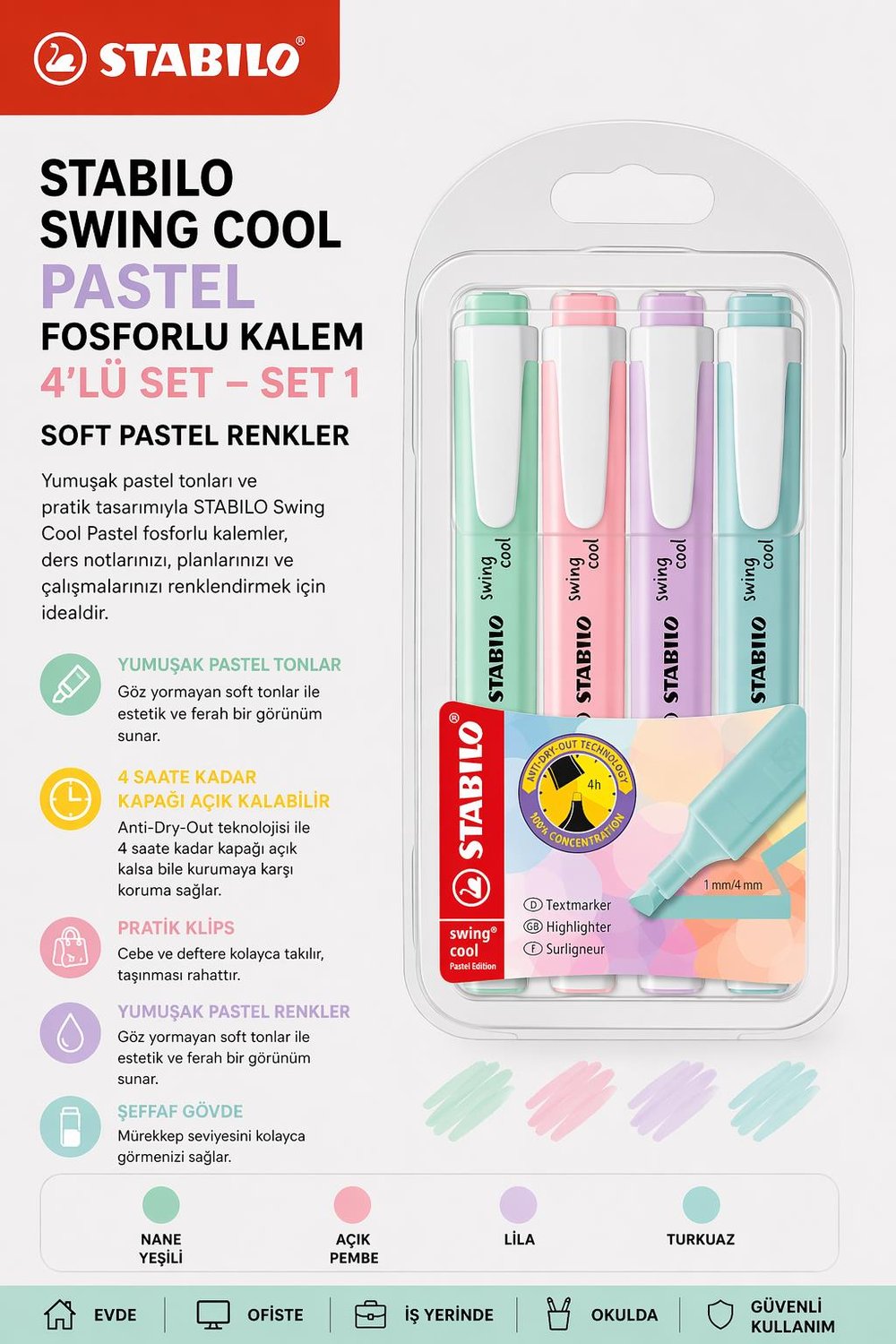 Stabilo Swing Cool Pastel Fosforlu Kalem 4’lü Set - Set-1