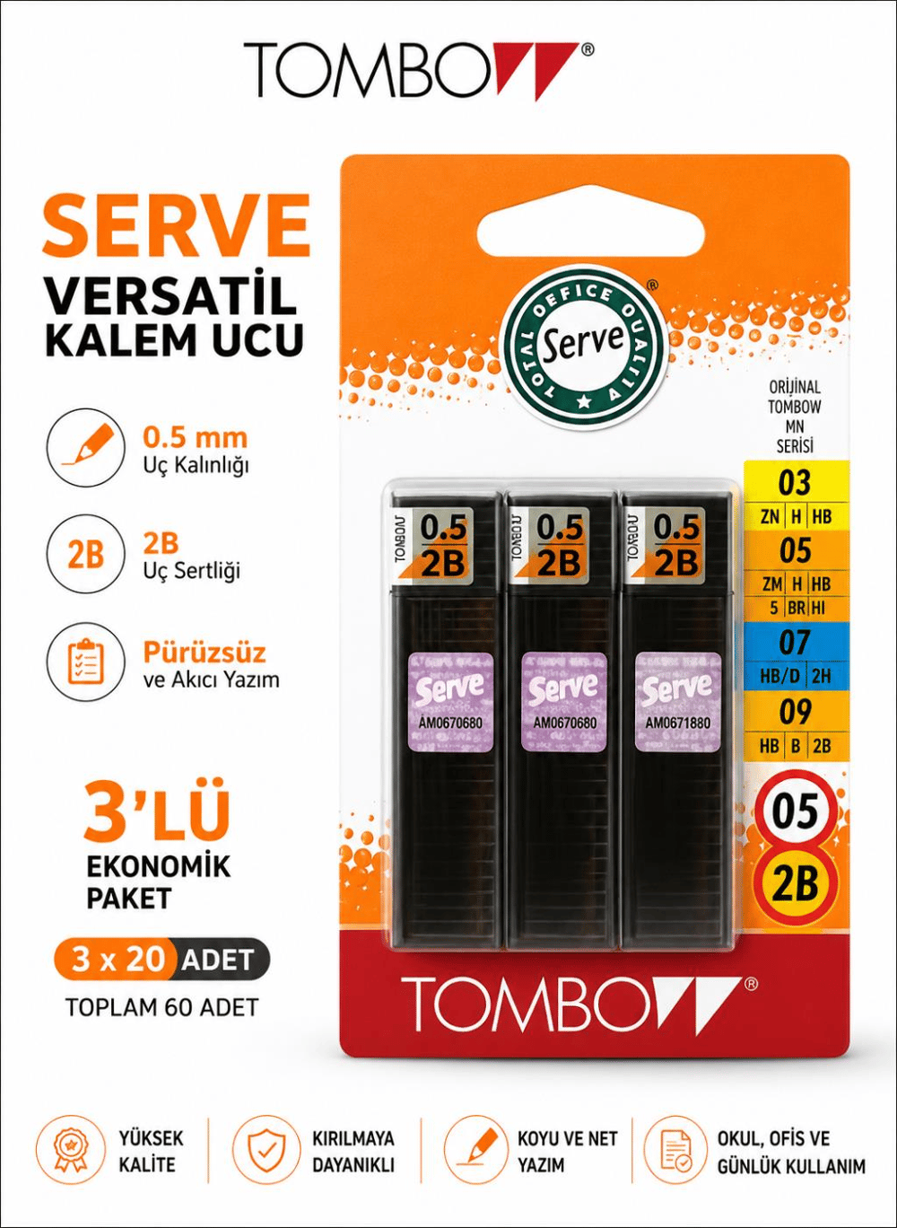 Tombow Kalem ucu 0,5 mm 2B 3’lü Blister