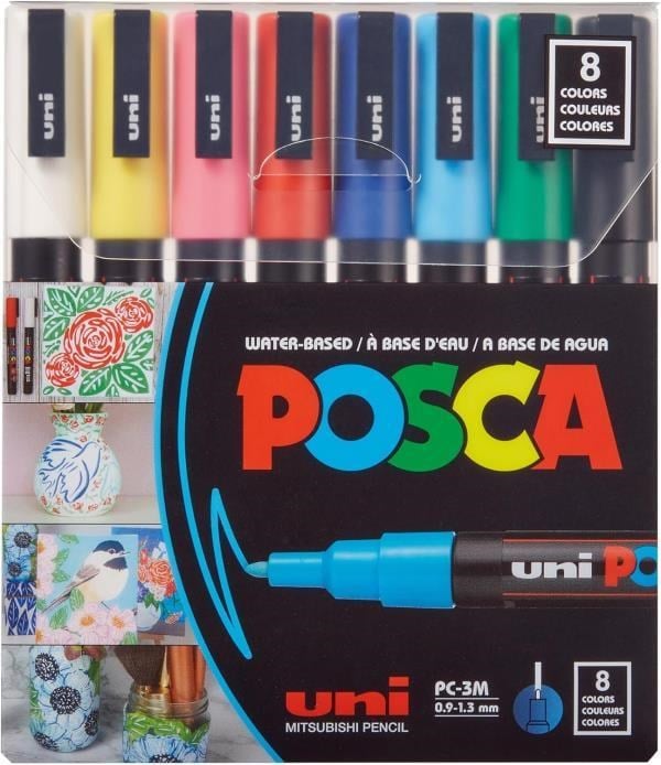 Uni Posca 0.9-1.3 Su Bazlı Poster Markörü Ana Renk 8'li - PC-3M/8C Set